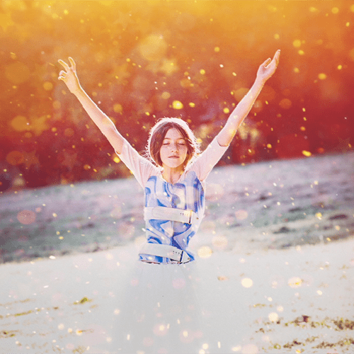 Button showing happy confident girl wearing scoliosis brace